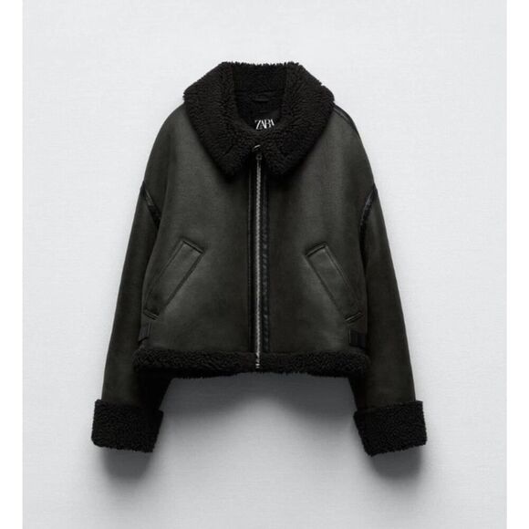 Zara Dark Olive Faux Shearling Double Faced Aviator Jacket Women Size XS Sherpa - Picture 2 of 13